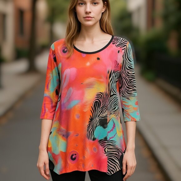 2 for/$25 ADX Bright Neon Zebra Galaxy Print Sharkbit Flutter Hem Tunic Size M - Picture 1 of 9